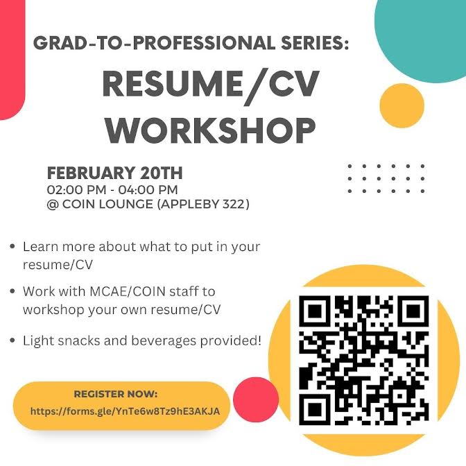 promotional flyer for a resume/CV workshop hosted by COIN