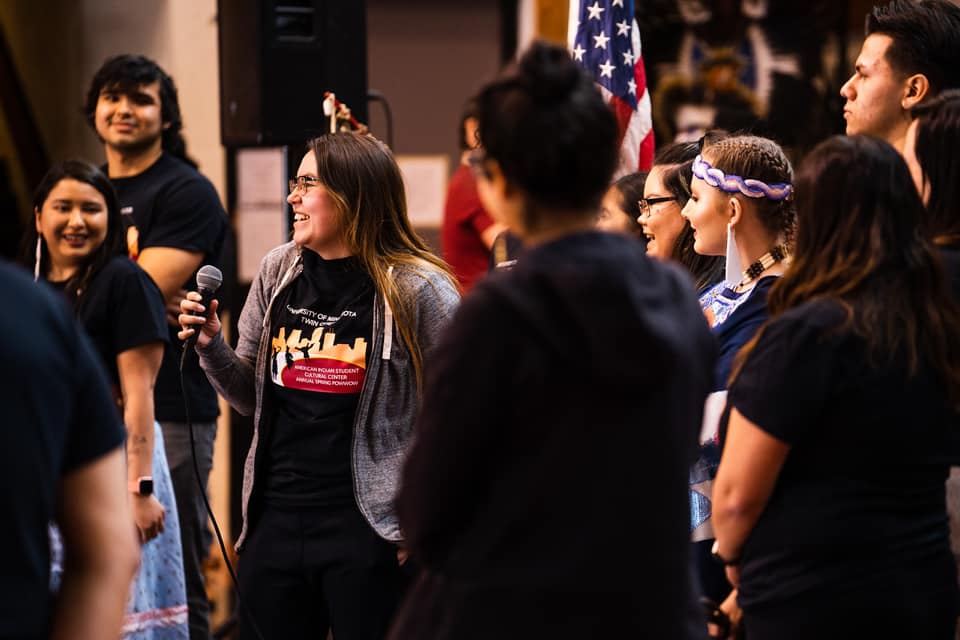 Members of the 2018-2019 American Indian Student Cultural Center board introduce themselves during the 2018 UMNTC Spring Powwow