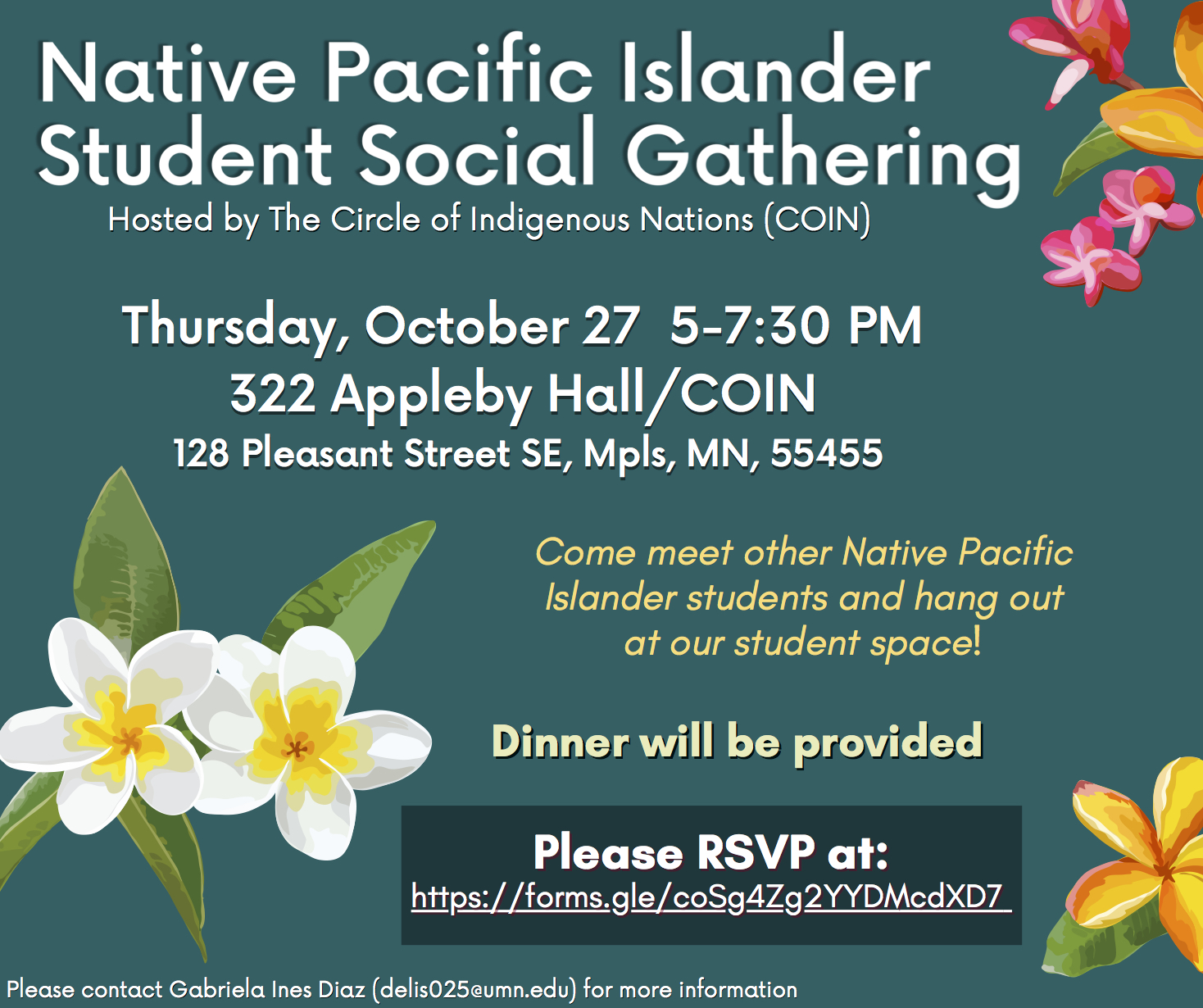 Promotional flyer for a gather/social dinner for Native Pacific Islander students at COIN
