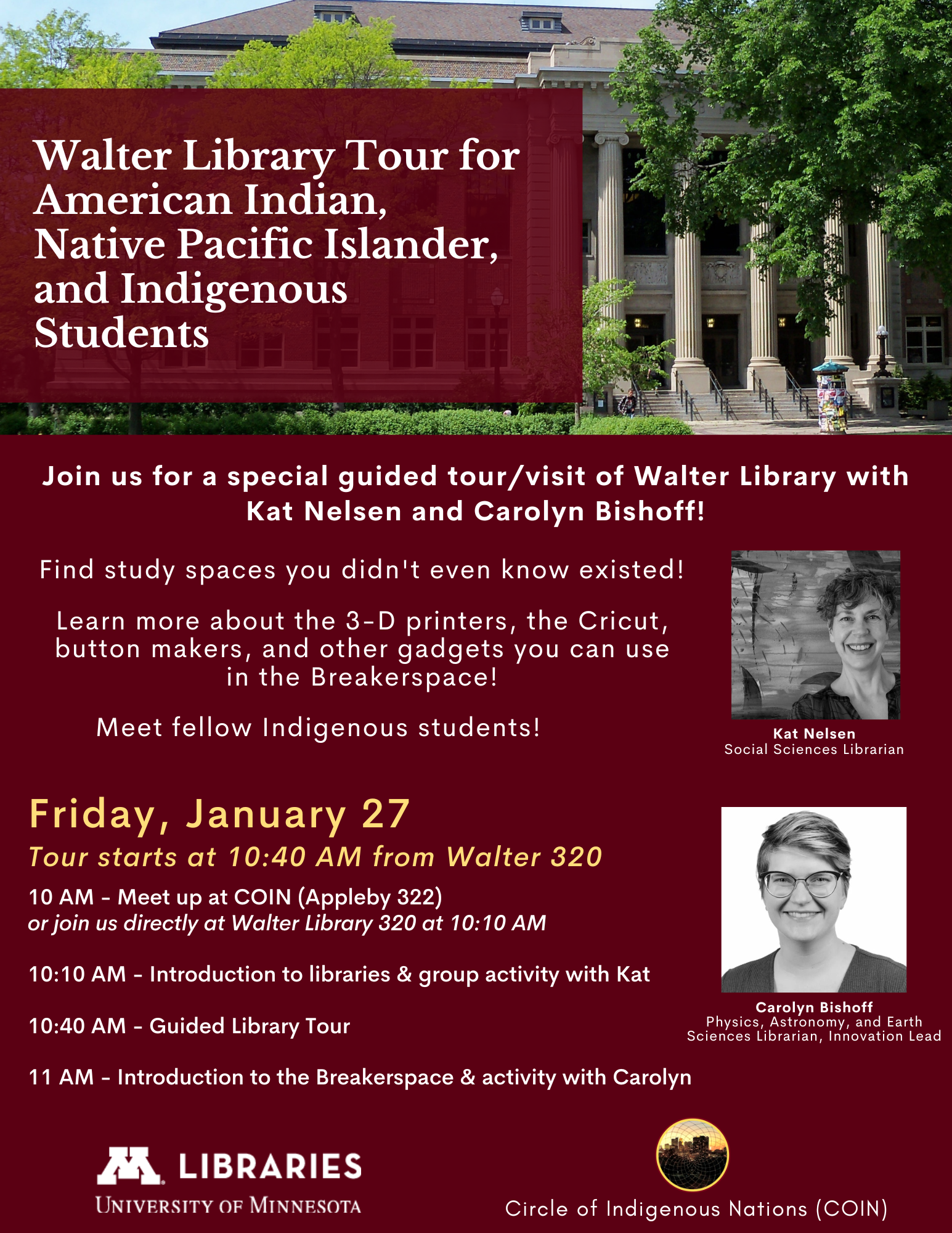 promotional flyer for a guided tour of Walter Library with Kat Nelsen from the UMN Libraries