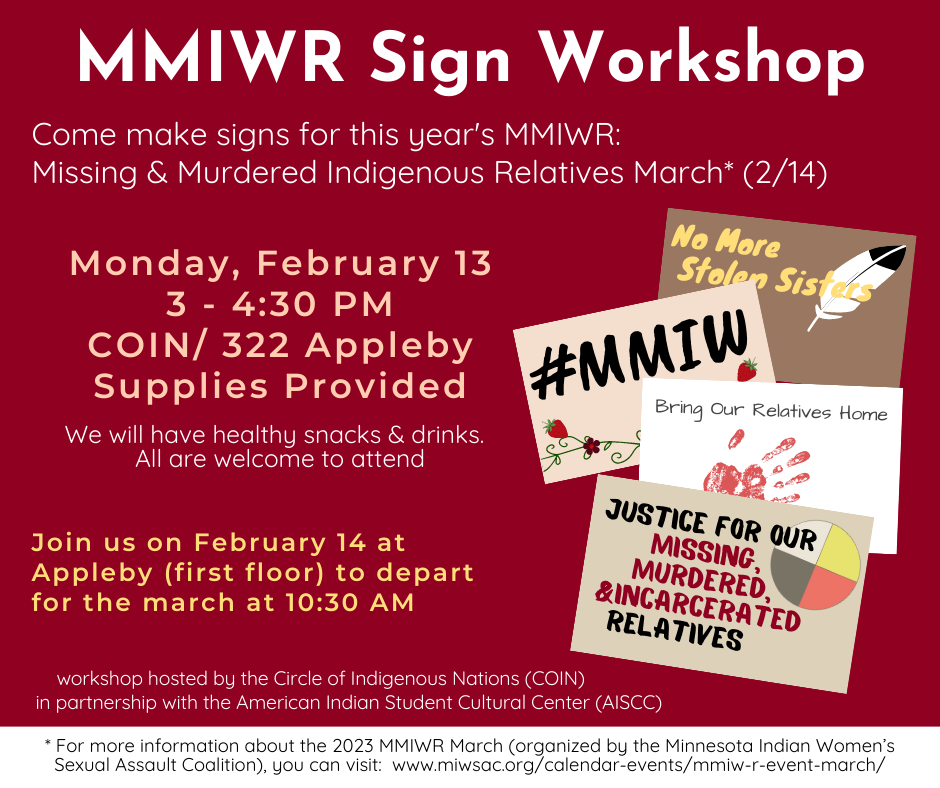 Promotional flyer for a MMIWR: Missing and Murdered Indigenous Women and Relatives protest/march sign workshop at COIN