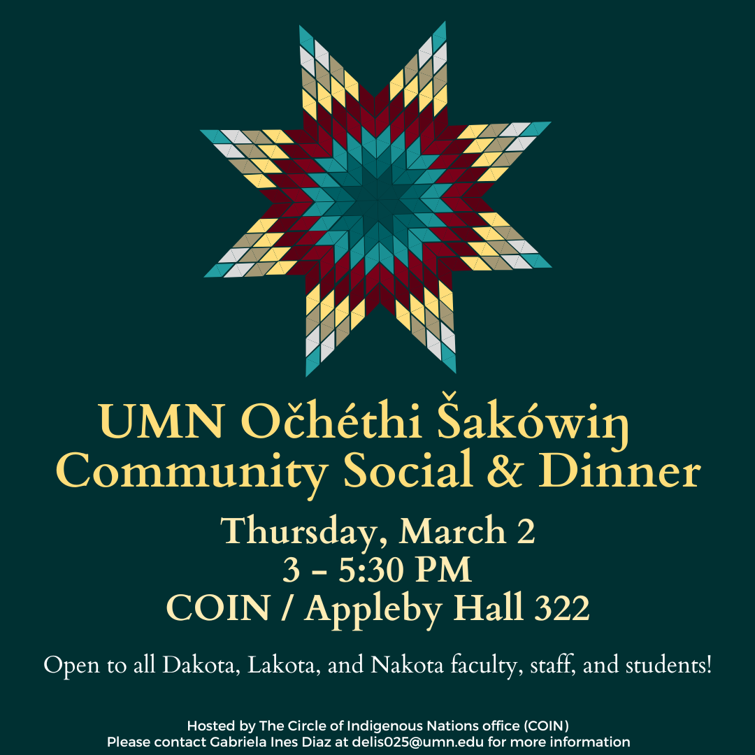 Promotional flyer for a Oceti Sakowin Social/Dinner event at COIN 