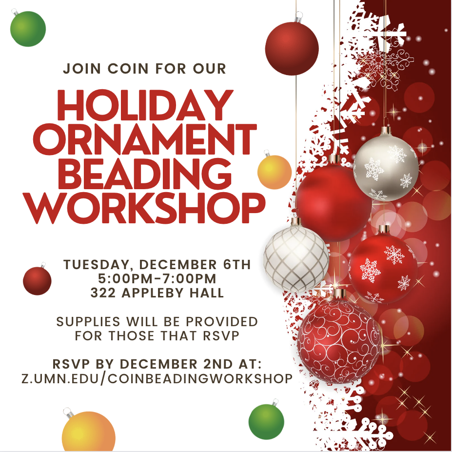 Flyer for a holiday ornament beading workshop hosted by COIN