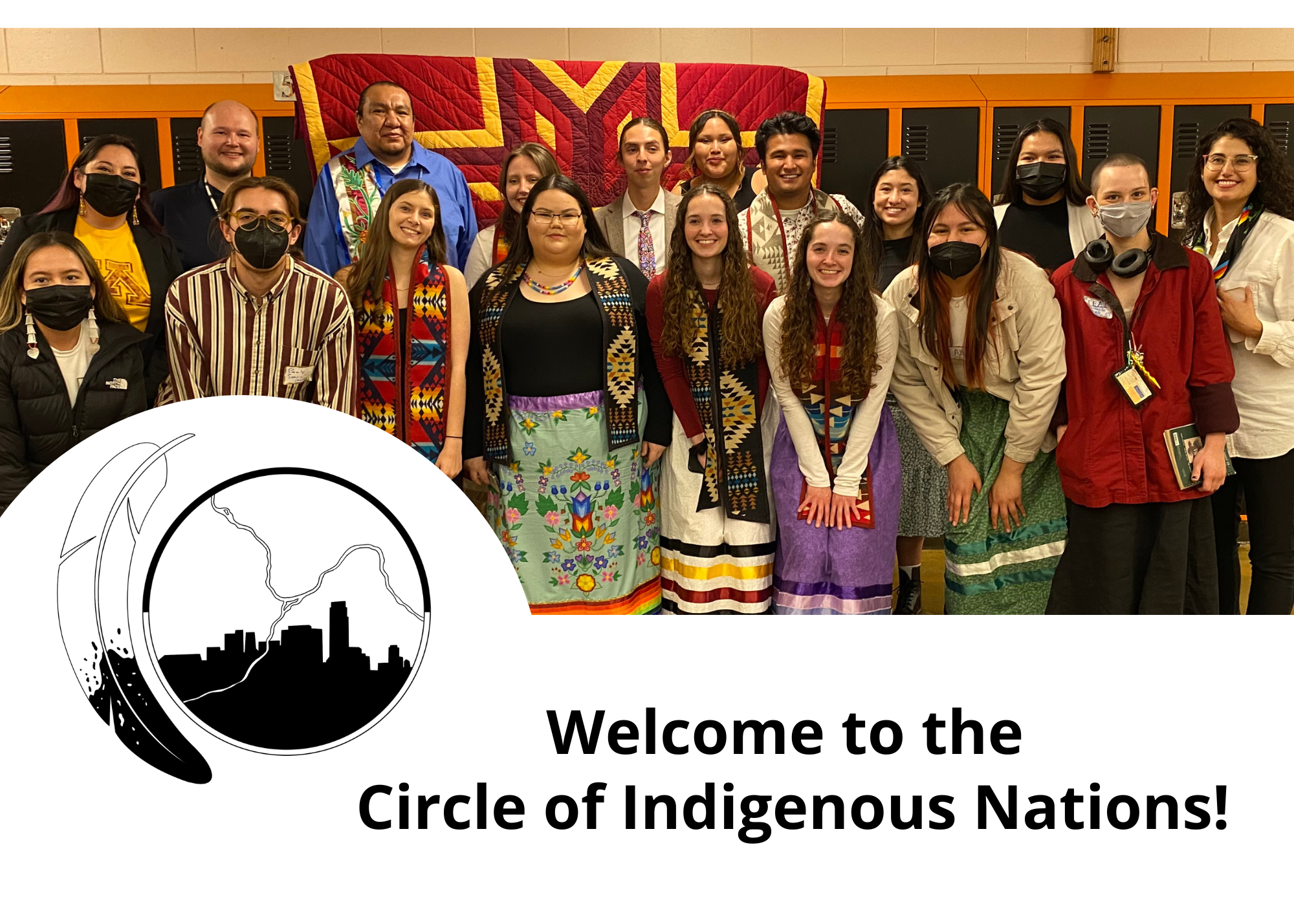 A photo of American Indian graduates from the UMNTC. Atop the photo is the COIN official logo, and text that reads: Welcome to the Circle of Indigenous Nations.