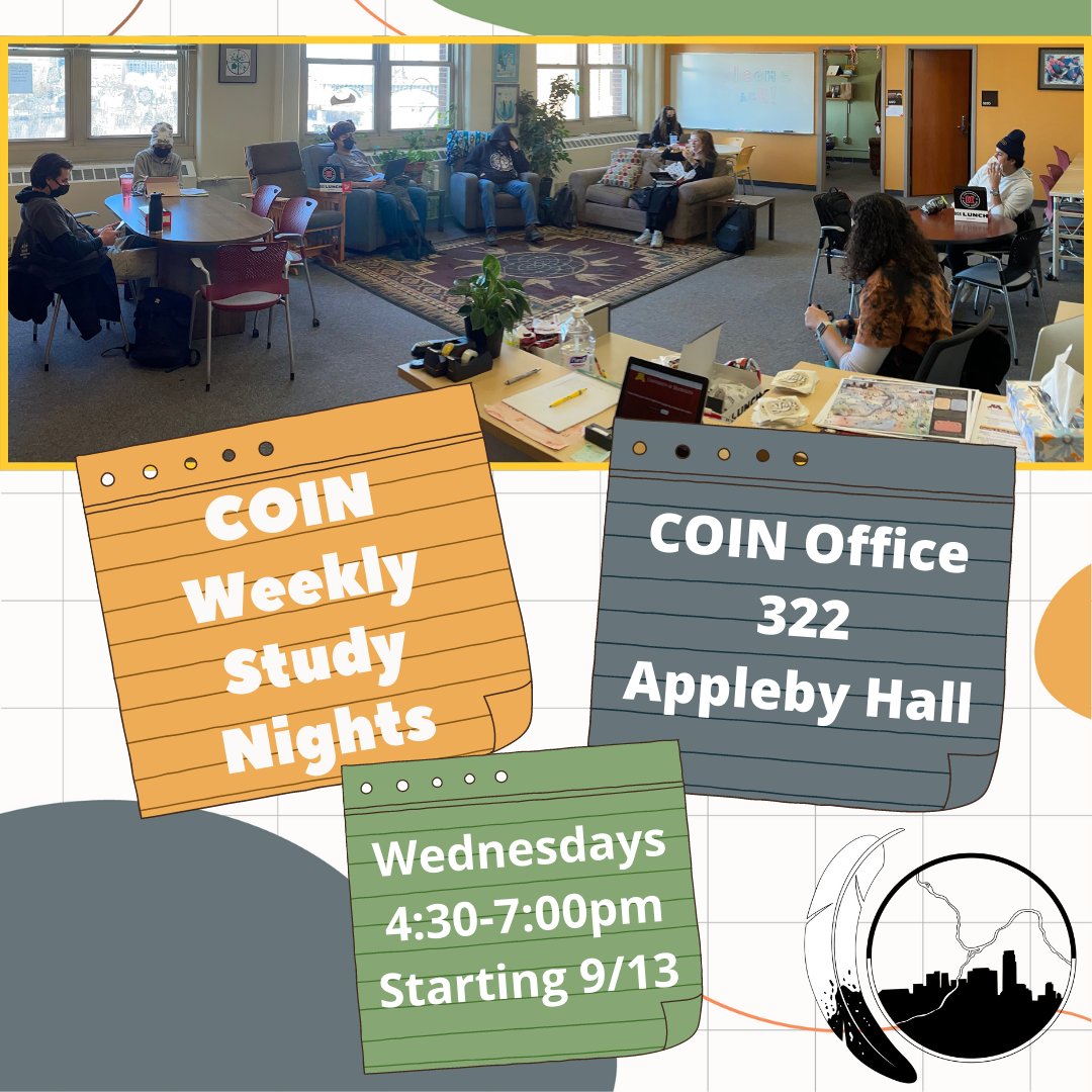 Promotional Flyer about COIN's weekly Study Night program: Study Nights are on Wednesdays from 4:30-7 pm at the COIN Office (322 Appleby Hall)